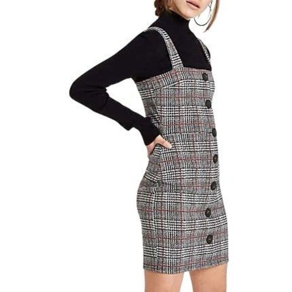 River Island check button up pinafore dress - Picture 1 of 8
